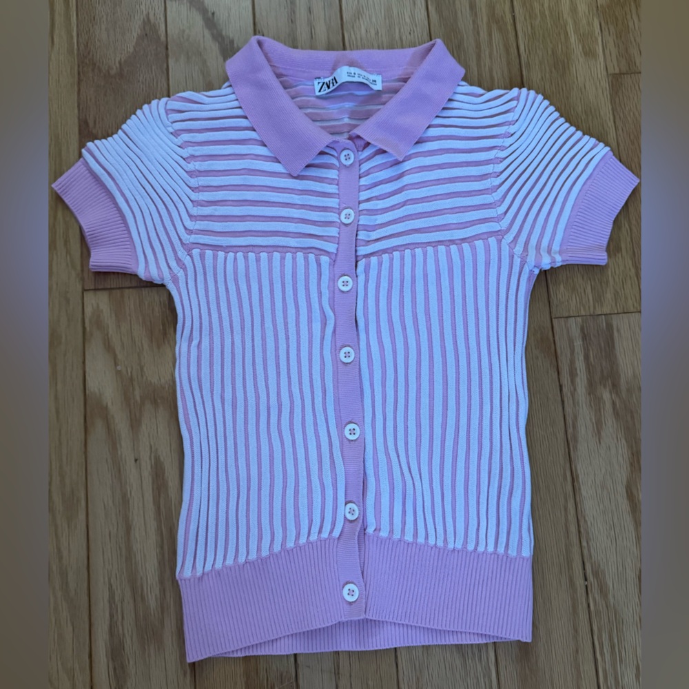Zara Pink and White Striped Collared Top